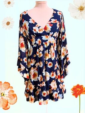 Betsey Johnson - Navy Floral V-Neck Babydoll Dress